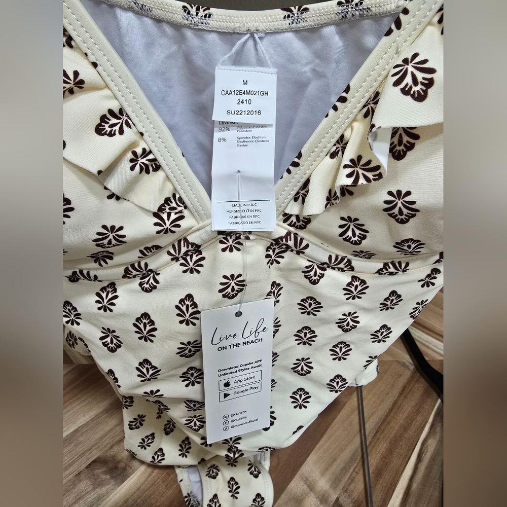 Cupshe Cream and Brown One Piece Swimsuit with Ruffle Accents - Picture 9 of 9
